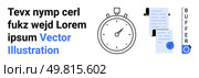 Stopwatch with black outer ring and dial detail, checklist with clipboard, blue checkmark, BUFFER text with blue circle. Ideal for productivity apps, scheduling tools, task management, time tracking. Efficient Task Management Concept Featuring Stopwatch, Checklist, and Buffer Indicator. Стоковая иллюстрация, агентство Ingram Publishing / Фотобанк Лори