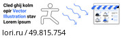 Character walking towards a store interface with products, arrows indicating movement, text elements. Ideal for e-commerce, online shopping, marketing, business growth, customer journey, website. Character walking towards an e-commerce store interface, symbolizing progression and online shopping. Стоковая иллюстрация, агентство Ingram Publishing / Фотобанк Лори