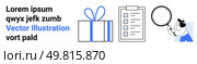Text blurb, gift box with bow, checklist, person with magnifying glass. Ideal for business process reviews, project management, quality control, planning analysis gifting research. Landing page. Gift Package, Checklist with Person Using Magnifying Glass for Detailed Analysis and Text Blurb. Стоковая иллюстрация, агентство Ingram Publishing / Фотобанк Лори