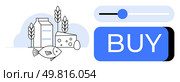 Milk carton, cheese, fish, egg, and wheat stalks grouped with a Buy button and slider. Ideal for online grocery, e-commerce, food delivery, shopping apps, retail, digital purchases, farming. Line. Online Food Shopping Concept with Milk, Cheese, Fish, and a Prominent Buy Button. Стоковая иллюстрация, агентство Ingram Publishing / Фотобанк Лори