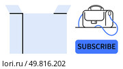 Open cardboard box, leather bag with strap, and blue Subscribe button. Ideal for subscription services, e-commerce, online shopping, packaging, delivery, customer loyalty programs, unboxing. Open cardboard box, leather bag with strap, and blue Subscribe button representing subscription service. Стоковая иллюстрация, агентство Ingram Publishing / Фотобанк Лори