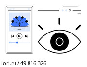 Mobile app displaying meditation music controls with blue lotus design, paired with a black and white eye graphic representing awareness. Ideal for mindfulness, meditation apps, mental wellness. Meditation Music App Interface with Visual Eye Symbolization for Mindfulness and Focus Concept. Стоковая иллюстрация, агентство Ingram Publishing / Фотобанк Лори