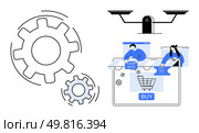 Gears in motion, balance scale by online shopping icons, people using cashback, product offers. Ideal for e-commerce, digital marketing, financial technology, user experience, customer loyalty. Online Shopping and Cashback Rewards Concept with Gears and Scale Balancing Marketplace Dynamics. Стоковая иллюстрация, агентство Ingram Publishing / Фотобанк Лори