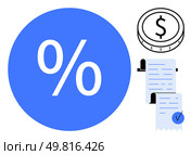 Large blue percentage symbol with black and white dollar coin and blue checkmarked receipts on a white background. Ideal for finance, accounting, economics, taxation, budgeting, and investment. Financial concept with percentage symbol, dollar coin and receipts. Стоковая иллюстрация, агентство Ingram Publishing / Фотобанк Лори