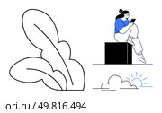 Woman with glasses and bun sitting on a block reading a tablet. Minimalist leaf and sun emerging behind clouds. Ideal for reading, technology, relaxation, nature, minimalism, education, lifestyle. Woman Reading on Tablet with Abstract Leaf and Cloud Elements. Стоковая иллюстрация, агентство Ingram Publishing / Фотобанк Лори