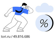 Businessman with raised fist facing large percentage symbol beneath cloud, illustrating financial readiness. Ideal for finance, motivation, business challenges, productivity, cloud computing. Determined Businessman Confronting Percentage Symbol Below Cloud, Symbolizing Financial Challenges. Стоковая иллюстрация, агентство Ingram Publishing / Фотобанк Лори