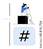Person sitting on a block, using a smartphone above a large metadata tag symbol. Ideal for social media, technology, communication, online interaction, digital marketing, content creation. Social Media Engagement Person Using Smartphone Above metadata tag Symbol Representing Online Interaction. Стоковая иллюстрация, агентство Ingram Publishing / Фотобанк Лори