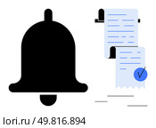 Big black notification bell and two lined documents with blue checkmark on right. Ideal for productivity, task management, reminders, scheduling, organization. Clean and modern design style. Notification Bell and To-Do List with Checkmark Highlights Task Management Concept. Стоковая иллюстрация, агентство Ingram Publishing / Фотобанк Лори