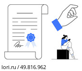 Certificate with ribbon and signature, hand gesture, person reading on smartphone while sitting. Ideal for education, recognition, achievement, digital learning, certification, remote work. Certificate with Ribbon, Hand Gesture, and Person Reading on Smartphone in Minimalist Style. Стоковая иллюстрация, агентство Ingram Publishing / Фотобанк Лори