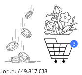 Sinking coins illustrate cost blooming flowers signify growth next to a shopping cart with a notification of three items. Ideal for e-commerce, finance, budgeting, investment, sustainability, growth. Online Shopping Cart with Three Items, Sinking Coins, and Blooming Flowers Highlighting Cost and Growth. Стоковая иллюстрация, агентство Ingram Publishing / Фотобанк Лори