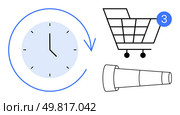 Clock with ongoing arrow, shopping cart with notification, and telescope illustrating online shopping. Ideal for e-commerce, time management, customer notifications, online search, retail, marketing. E-commerce icons with clock, shopping cart with notification, and search telescope for online shopping. Стоковая иллюстрация, агентство Ingram Publishing / Фотобанк Лори