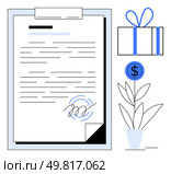 Agreement document on clipboard with signature, gift box wrapped with ribbon, potted plant with dollar symbol. Ideal for business deals, financial agreements, contracts, gifts, rewards, business. Agreement document on clipboard with signature, gift box with ribbon, potted plant with dollar symbol. Стоковая иллюстрация, агентство Ingram Publishing / Фотобанк Лори