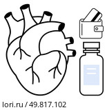Anatomical heart next to a wallet with credit cards and a medicine bottle on white background. Ideal for healthcare, finance, medical expenses, cardiology, insurance, budgeting, and pharmaceuticals. Stylized human heart with wallet and credit cards and a medicine bottle representing health costs. Стоковая иллюстрация, агентство Ingram Publishing / Фотобанк Лори