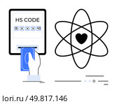 Hand inserting blue bill into slot, machine screen displaying HS CODE beside atomic structure with heart. Ideal for technology, finance, love, science, coding, payments, transactions. Line metaphor. Atomic Structure with Heart Center and Machine Dispensing Blue Bill. Стоковая иллюстрация, агентство Ingram Publishing / Фотобанк Лори