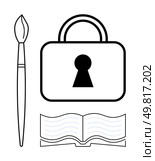Artistic brush, padlock with keyhole, and open book depict the balance between creativity and security. Ideal for education, art, writing, intellectual property protection, privacy, digital security. Artistic brush, lock with keyhole, and open book represent the intersection of creativity and security. Стоковая иллюстрация, агентство Ingram Publishing / Фотобанк Лори