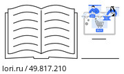 Open book with blank pages next to an online shopping interface featuring a shopping cart, cashback, and discount icons. Ideal for e-commerce, education, shopping, discounts, promotions, reading. Open book adjacent to an online shopping cart with cashback and discounts icons. Стоковая иллюстрация, агентство Ingram Publishing / Фотобанк Лори