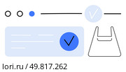 Circles, lines, check marks, shopping bag, and text block in light blue, white, and black. Ideal for e-commerce, task management app UI approval processes to-do lists online shopping and design. Modern UI Elements with Check Marks and Shopping Bag for Task Completion and E-commerce. Стоковая иллюстрация, агентство Ingram Publishing / Фотобанк Лори