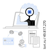 AI head emerging from laptop with smart chip, credit card, coins, and invoice papers. Ideal for fintech, automation, AI, financial services digital payments invoicing and tech innovations. Line. AI integrated financial transactions streamlining payments with advanced processing and invoice management. Стоковая иллюстрация, агентство Ingram Publishing / Фотобанк Лори