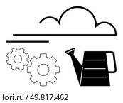 Cloud with two lines, two gears, and a watering can representing growth and development. Ideal for cloud services, software development, system integration, startup incubation, agile methodology, IT. Cloud Computing and Development Assistance Concept with Cloud, Gears, and Watering Can. Стоковая иллюстрация, агентство Ingram Publishing / Фотобанк Лори