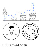 Increasing stacks of coins illustrating investment growth with a user avatar. Arrows indicating progress and upward trajectory. Ideal for economics, finance, investment, personal savings, wealth. Growth in investment illustrated by increasing coin stacks and user avatar with coin and arrow indications. Стоковая иллюстрация, агентство Ingram Publishing / Фотобанк Лори