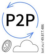 P2P text circled by clockwise arrows, cloud, and coin with dollar sign highlight peer-to-peer service. Ideal for financial, technology, cryptocurrency, network, communication, cloud computing. Peer-to-Peer Financial Transactions with Forward and Backward Arrows. Стоковая иллюстрация, агентство Ingram Publishing / Фотобанк Лори