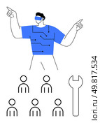 Man in VR headset, blue shirt with technology circuits, pointing above six human figures and a wrench. Ideal for technology, team leadership, virtual reality, innovation, workforce, tools. Man in VR Glasses Controlling Team with Tools in Futuristic Setting. Стоковая иллюстрация, агентство Ingram Publishing / Фотобанк Лори