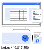 Computer screen with spreadsheet, aligned completed checklists, gear and documents. Ideal for project management, productivity, organization, office tools, workflow, time management task tracking. Digital task management and productivity tracking with computer screen displaying checklist. Стоковая иллюстрация, агентство Ingram Publishing / Фотобанк Лори
