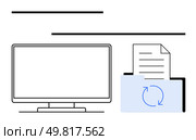 Computer monitor next to a folder containing a document with a circular arrow indicating sync. Ideal for data management, file organization, backup solutions, IT services, cloud storage, digital. Computer Screen and Folder with Document Highlighting Data Backup Process. Стоковая иллюстрация, агентство Ingram Publishing / Фотобанк Лори