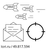Missiles labeled DDoS flying towards a target along with an envelope symbolizing information. Ideal for cybersecurity, digital threats, internet security, network protection, online attacks, data. DDoS Attack Concept with Missiles, Target, and Envelope Symbols Representing Cybersecurity Threats. Стоковая иллюстрация, агентство Ingram Publishing / Фотобанк Лори