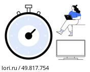 Stopwatch symbolizing time tracking, person with laptop indicating remote work, and blank monitor representing digital tasks. Ideal for productivity, remote work, time management, tech interfaces. Time management concept featuring a stopwatch, person with laptop, and blank monitor in minimalist design. Стоковая иллюстрация, агентство Ingram Publishing / Фотобанк Лори