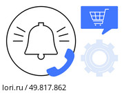 Notification bell emitting signals, phone receiver, shopping cart in a speech bubble, and gear symbolizing settings. Ideal for alerts, notifications, ecommerce, customer service, technical settings. Notification Bell with Phone Receiver, Shopping Cart, and Gear Icons Representing Communication Settings. Стоковая иллюстрация, агентство Ingram Publishing / Фотобанк Лори