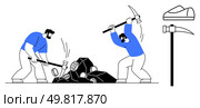 Two men breaking large rocks with hammer and pickaxe, safety shoes and tools displayed separately. Ideal for manual labor, mining industry, teamwork, safety gear, heavy machinery use, physical. Workers using Hammer and Pickaxe to Break Large Rocks, with Mining Tools Highlighted Alongside. Стоковая иллюстрация, агентство Ingram Publishing / Фотобанк Лори