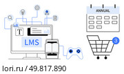 Computer displaying LMS interface, surrounded by icons of books, documents, and a game controller. Ideal for education, training, e-learning, organizational tools, online courses scheduling. Digital Learning Management System with Calendar, Shopping Cart, and Gamification Elements. Стоковая иллюстрация, агентство Ingram Publishing / Фотобанк Лори
