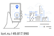 Hand holding smartphone with geo-location marker and smiling face beside abstract cityscape buildings and clouds. Ideal for urban planning, real estate, navigation apps, smart cities, technology. Digital Navigation and Smart City Concept with Smartphone and Cityscape. Стоковая иллюстрация, агентство Ingram Publishing / Фотобанк Лори
