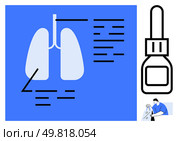 Lungs diagram with annotations, inhaler outline, and person using a nebulizer. Ideal for respiratory health, medical education, lung diseases, asthma management, healthcare awareness, patient. Medical illustration with lungs diagram, inhaler, and person using a nebulizer for respiratory care. Стоковая иллюстрация, агентство Ingram Publishing / Фотобанк Лори