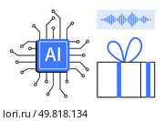 AI chip integrated with circuits, blue sound wave, and a blue ribbon-wrapped gift box. Ideal for technology innovation, AI applications, data processing, audio technology, gift concepts, tech. AI Chip with Circuitry, Sound Wave, and Gift Box Representing Technology Advancements and Benefits. Стоковая иллюстрация, агентство Ingram Publishing / Фотобанк Лори