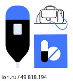 Insulin pen, medication pills, and healthcare bag in minimalist style. Ideal for healthcare, diabetes management, medical devices, medication packaging, pharmaceutical industry, patient care. Modern Medical Devices and Essentials Medication, Insulin Pen, and Healthcare Bag. Стоковая иллюстрация, агентство Ingram Publishing / Фотобанк Лори