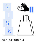 Hand holding dollar coin, stacked blocks spelling RISK, and shopping bag depict financial decision-making and risk analysis. Ideal for finance, economy, investments, budgeting, retail, risk. Financial Risk Analysis with Hand Holding Coin and Shopping Bag Highlights Buying Decision. Стоковая иллюстрация, агентство Ingram Publishing / Фотобанк Лори