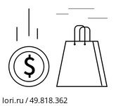 Coin featuring a dollar sign falling alongside an outlined shopping bag. Ideal for finance, spending, retail, budgeting, shopping, e-commerce, and savings themes. Line metaphor. Coin with Dollar Sign Falling Next to Shopping Bag Outline Illustrates Commerce and Spending. Стоковая иллюстрация, агентство Ingram Publishing / Фотобанк Лори