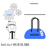 Robotic hand pressing CRM gear button with surrounding analytics symbols alongside a blue shopping bag with a price tag. Ideal for retail automation, CRM, AI in shopping, e-commerce, sales data. Robotic Hand Activating CRM Gears with Shopping Bag Icon Automation in Retail Management. Стоковая иллюстрация, агентство Ingram Publishing / Фотобанк Лори