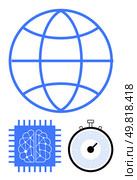 Globe AI brain chip stopwatch. Ideal for tech innovation, AI advancements, speed, precision, global connectivity, neuroscience progress, technology integration. Line metaphor. Global Connectivity and AI Technologies Enhancing Speed and Precision in the Connected World. Стоковая иллюстрация, агентство Ingram Publishing / Фотобанк Лори