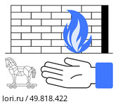 Brick wall, blue flame, articulated hand, wooden Trojan horse on wheels. Ideal for cybersecurity, defense, online safety, firewall protection hacking prevention digital security technology. Line. Cybersecurity Defense Concept Firewall, Trojan Horse, Blue Flame, and Protective Hand. Стоковая иллюстрация, агентство Ingram Publishing / Фотобанк Лори