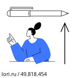 Woman with blue shirt points up, next to a large floating pen and an upward arrow. Ideal for education, business growth, directions, creativity, motivation, ideas presentations. Line metaphor. Woman Pointing Upward with Floating Ballpoint Pen and Arrow Indicating Direction. Стоковая иллюстрация, агентство Ingram Publishing / Фотобанк Лори