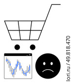 Shopping cart with wheels, declining stock chart, and sad face convey market downturn, economic struggle, and consumer sentiment. Ideal for finance, retail, economy, investment business impact. Shopping cart, declining stock chart, and sad face illustrate market downturn and consumer sentiment. Стоковая иллюстрация, агентство Ingram Publishing / Фотобанк Лори
