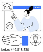 Tutor pointing to graduating cap in speech bubble on video call, helping hand below, person wearing cap. Ideal for online education, tutoring, distance learning, graduation, mentorship, webinars. Online Learning Concept with Tutor, Video Call, Graduating Cap, and Helping Hand. Стоковая иллюстрация, агентство Ingram Publishing / Фотобанк Лори