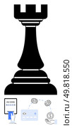 Black rook chess piece, hand entering HS code on touch screen, credit card, currency coins moving, dollar symbol in hand. Ideal for finance, strategy, e-commerce, investments banking digital. Black rook chess piece with digital payment and financial technology icons, signifying strategic investment. Стоковая иллюстрация, агентство Ingram Publishing / Фотобанк Лори