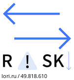Opposite blue arrows above disconnected risk text with exclamation triangle, small arrow downward. Ideal for business risk, warning signs, caution, awareness, finance, strategy hazard. Line metaphor. Opposite Blue Arrows with Risk Text and Exclamation in Triangle Highlighting Warning Concept. Стоковая иллюстрация, агентство Ingram Publishing / Фотобанк Лори