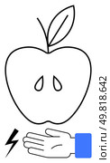 Apple with two teardrops, a hand with blue sleeve, and a lightning bolt. Ideal for themes of loss, healing, energy, support, nature emotions and renewal. Line metaphor. Outline of Apple with Teardrops Beside Hand and Bolt Symbol, Symbolizing Loss and Healing Energy. Стоковая иллюстрация, агентство Ingram Publishing / Фотобанк Лори