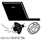Laptop screen, flying bug, and coin with dollar sign represent the interplay of technology, cybersecurity, and finance. Ideal for tech articles, cybersecurity issues, financial transactions, online. Laptop Configurations, Digital Bugs and Monetary Transactions in a Minimalistic Style. Стоковая иллюстрация, агентство Ingram Publishing / Фотобанк Лори