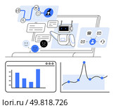 Laptop with chatbot, data charts, and various icons for communication, analytics, and user interaction. Ideal for themes thumbs up AI technology, customer service, data analysis, digital. AI-Driven Customer Service and Data Analytics for Optimized Business Operations. Стоковая иллюстрация, агентство Ingram Publishing / Фотобанк Лори